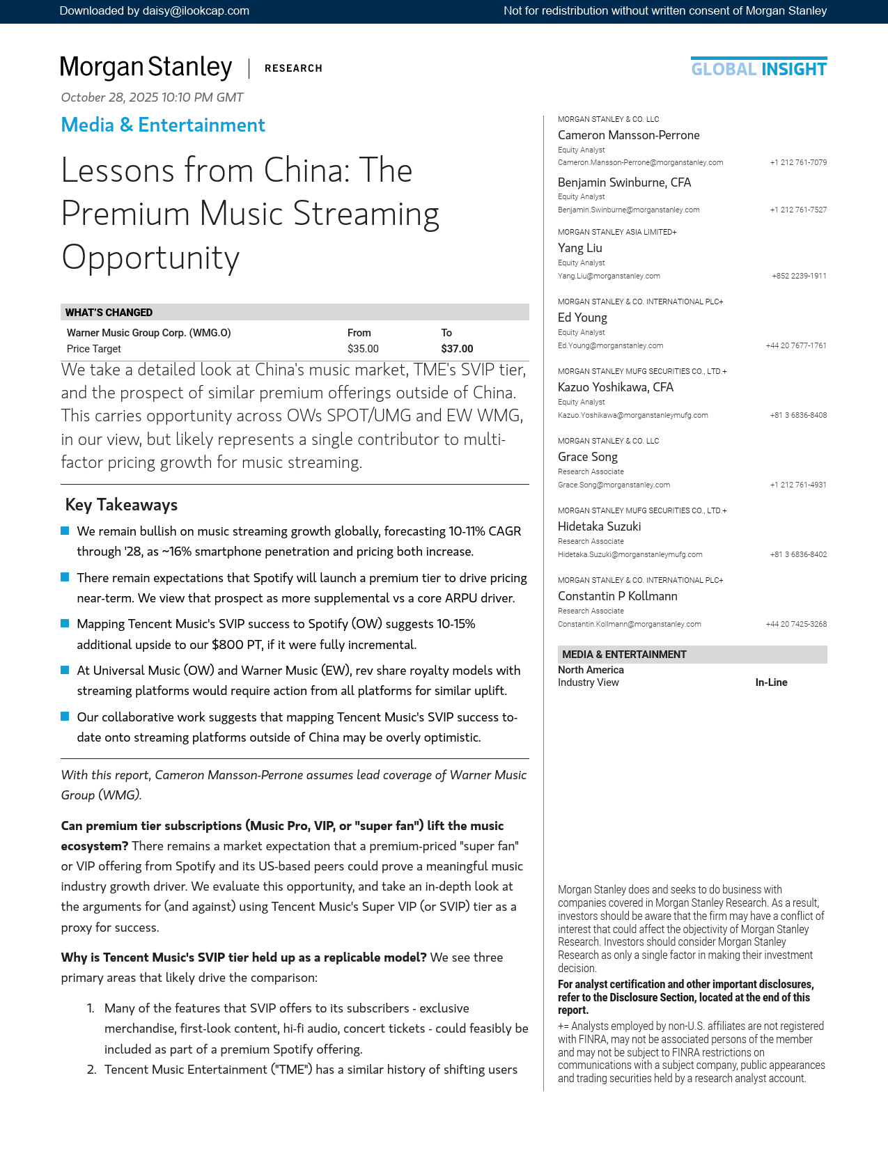 2025年中国流媒体音乐市场的高端化机遇报告（英文版）-Morgan Stanley